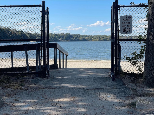 dock area featuring a water view and a view of the beach