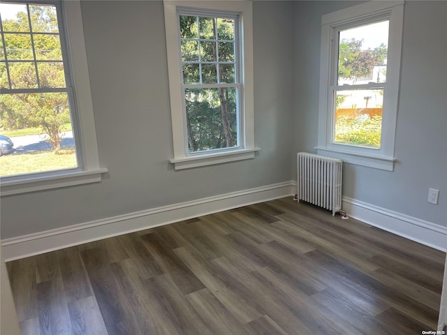 spare room featuring radiator, a healthy amount of sunlight, and dark hardwood / wood-style floors