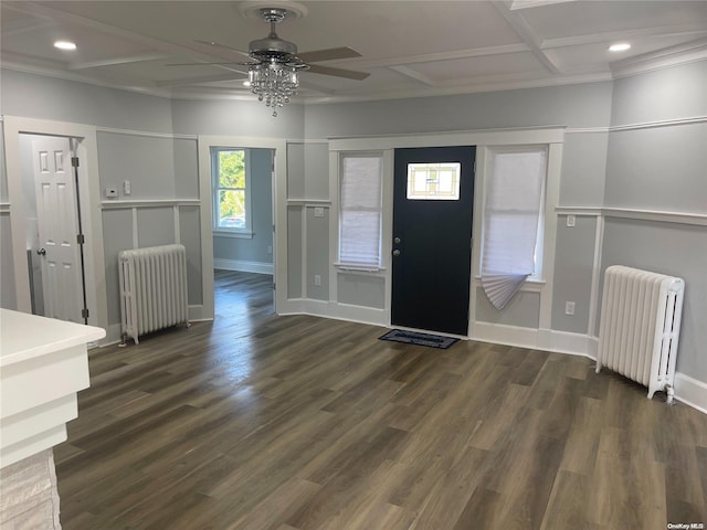 foyer with radiator, ceiling fan, dark hardwood / wood-style flooring, and coffered ceiling