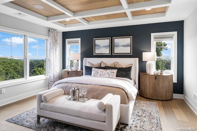 bedroom featuring beamed ceiling, coffered ceiling, and light wood-type flooring