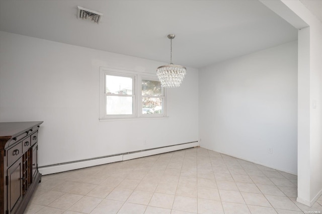 unfurnished dining area featuring an inviting chandelier, light tile patterned floors, and a baseboard heating unit