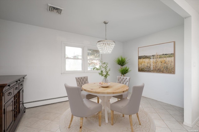 tiled dining room with an inviting chandelier and a baseboard heating unit