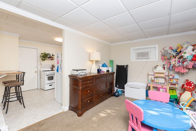 carpeted bedroom featuring crown molding and a drop ceiling