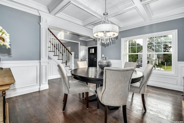 dining space featuring coffered ceiling, dark hardwood / wood-style flooring, beamed ceiling, a notable chandelier, and crown molding