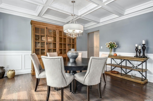 dining room with beam ceiling, dark wood-type flooring, and coffered ceiling