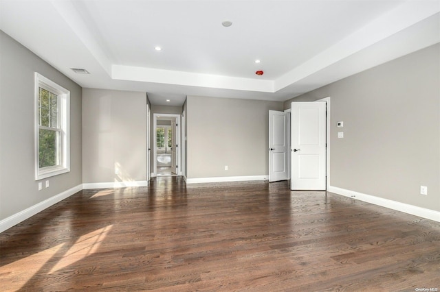 spare room featuring a raised ceiling and dark hardwood / wood-style flooring