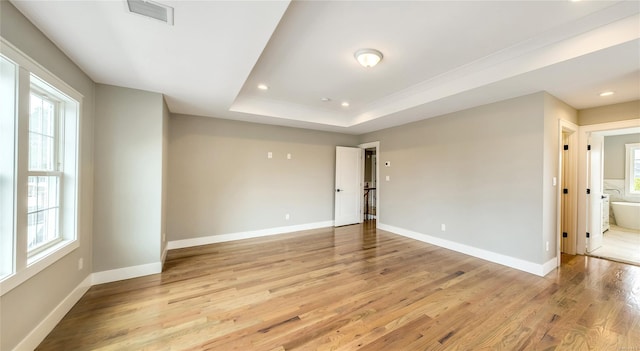 empty room featuring light hardwood / wood-style floors and a raised ceiling