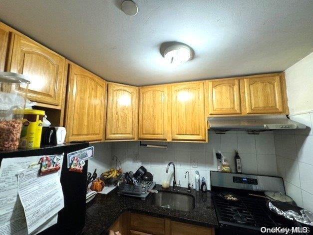 kitchen with stove, backsplash, and sink