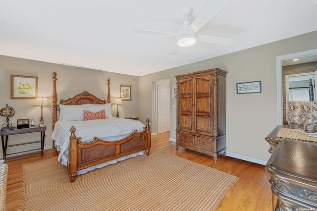 bedroom featuring ceiling fan and light hardwood / wood-style flooring