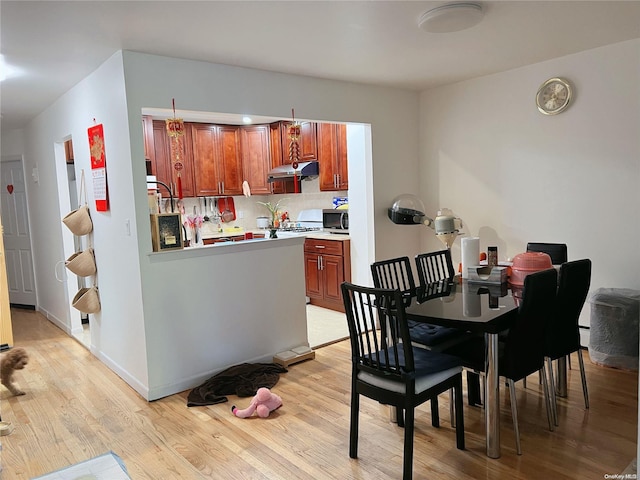 kitchen with backsplash, a baseboard radiator, and light hardwood / wood-style flooring