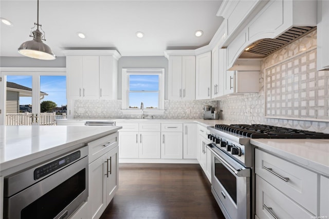 kitchen featuring white cabinets, a healthy amount of sunlight, dark wood-type flooring, and appliances with stainless steel finishes