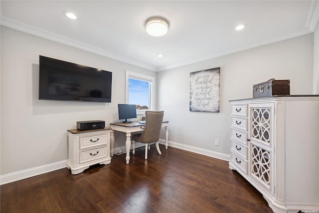 office area featuring crown molding and dark wood-type flooring