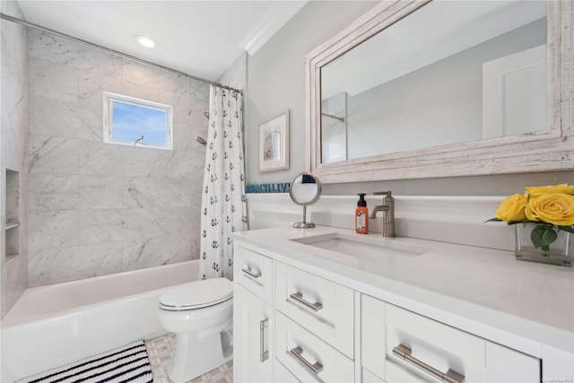 full bathroom with crown molding, vanity, shower / bath combo, and toilet