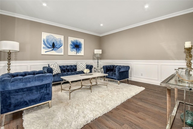 living room with crown molding and dark hardwood / wood-style floors