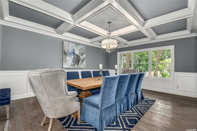 dining area featuring beamed ceiling, dark hardwood / wood-style floors, and coffered ceiling