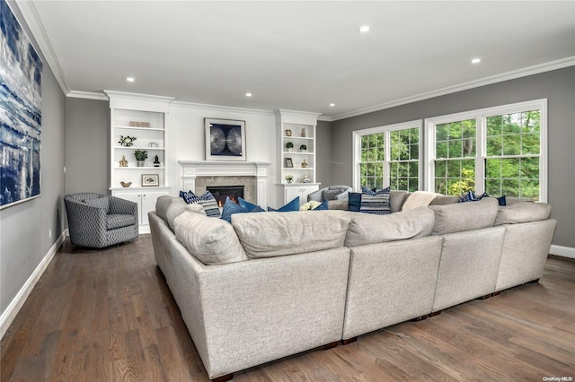 living room with crown molding and dark wood-type flooring