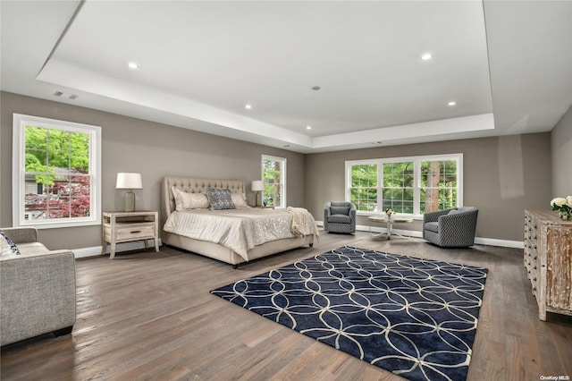 bedroom featuring hardwood / wood-style floors and a tray ceiling