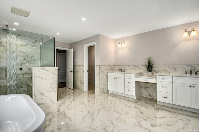 bathroom with vanity, tile walls, and independent shower and bath