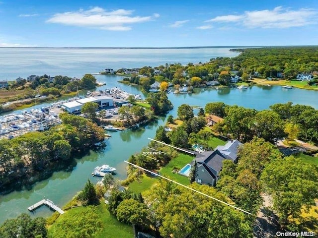 drone / aerial view with a water view