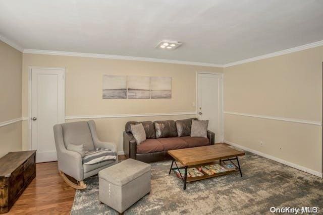 living room featuring hardwood / wood-style floors and ornamental molding