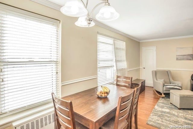 dining area featuring radiator, light hardwood / wood-style flooring, and ornamental molding