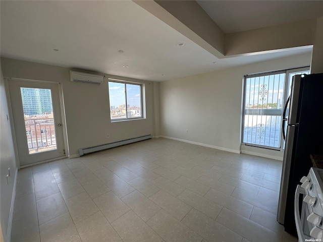 tiled spare room featuring an AC wall unit and a baseboard radiator