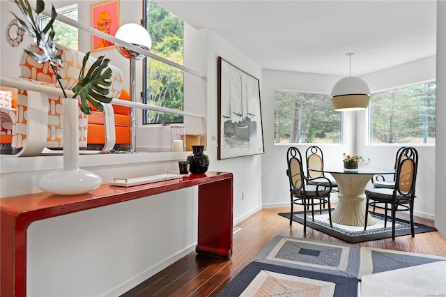 dining space with dark hardwood / wood-style flooring