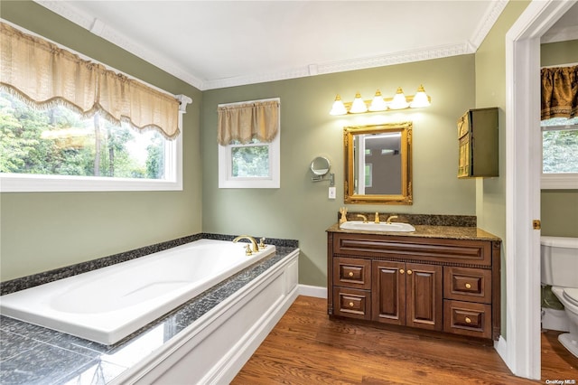 bathroom featuring hardwood / wood-style floors, vanity, toilet, and ornamental molding