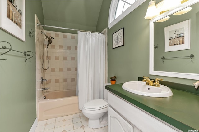 full bathroom with tile patterned floors, vanity, toilet, and shower / bathtub combination with curtain