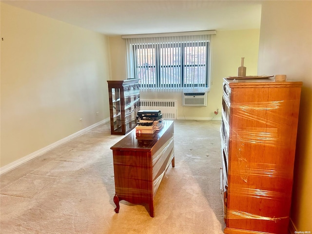 interior space featuring cooling unit, light colored carpet, and radiator