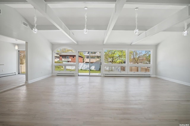 unfurnished living room with plenty of natural light, a baseboard radiator, and wood-type flooring