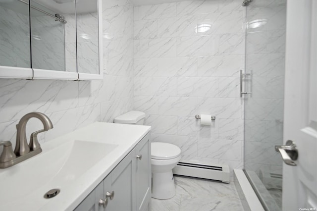 bathroom featuring vanity, a shower with door, toilet, tile walls, and a baseboard radiator