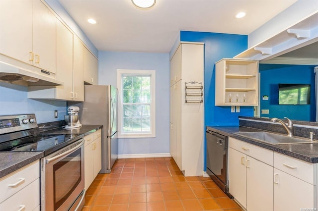 kitchen with white cabinets, black dishwasher, stainless steel electric stove, and sink