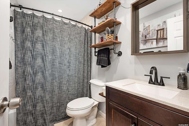 bathroom with tile patterned flooring, vanity, toilet, and a shower with shower curtain