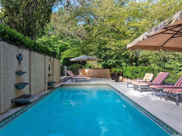 view of swimming pool featuring a patio area