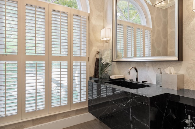 bathroom featuring wood-type flooring, plenty of natural light, and sink