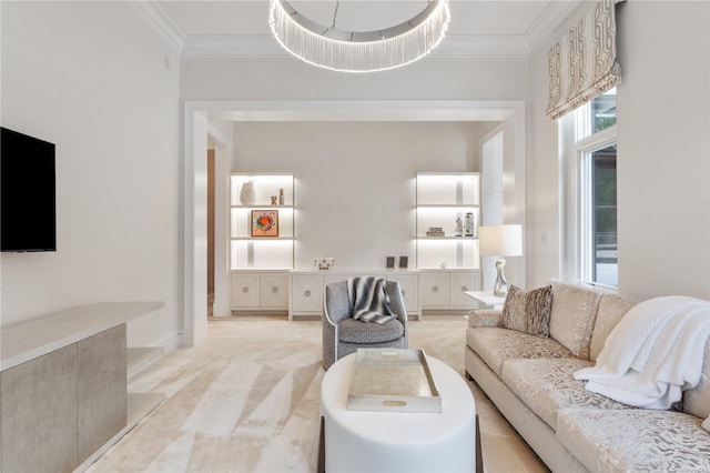 carpeted living room featuring a chandelier and ornamental molding