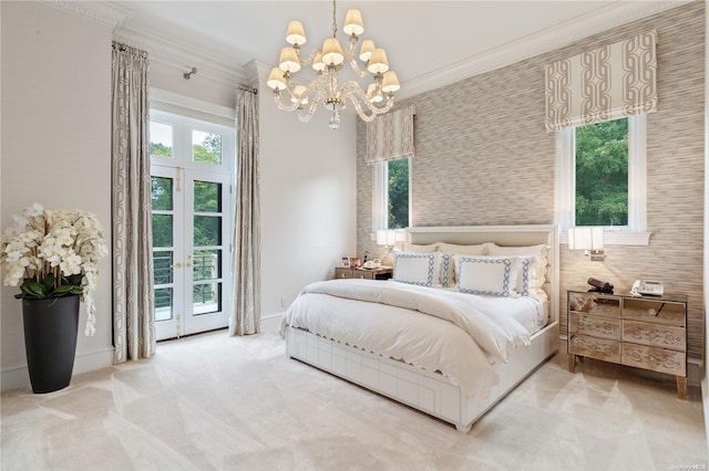 bedroom featuring carpet floors, access to outside, an inviting chandelier, and ornamental molding