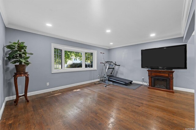 exercise area featuring crown molding and dark hardwood / wood-style flooring