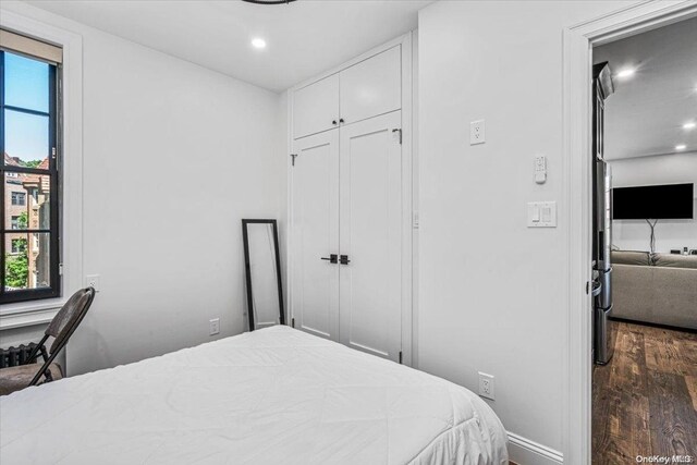 1 Station Sq Unit 315, Forest Hills, NY 11375 - bedroom featuring dark wood-type flooring, multiple windows, a closet, and recessed lighting