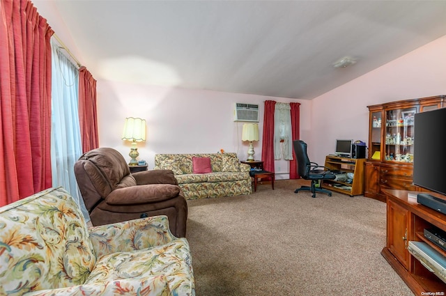 carpeted office with an AC wall unit and vaulted ceiling