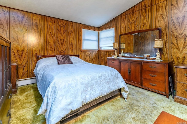 bedroom with wooden walls, a baseboard radiator, vaulted ceiling, and dark carpet