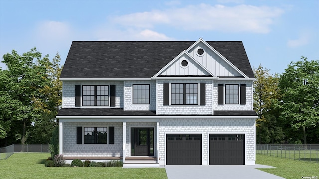 104 Schoolhouse Rd, East Islip, NY 11730 - view of front facade with an attached garage, driveway, covered porch, board and batten siding, and roof with shingles