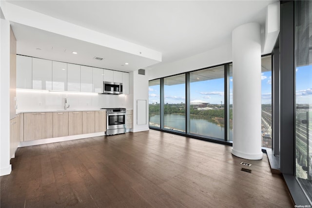 unfurnished living room with dark hardwood / wood-style flooring and a water view