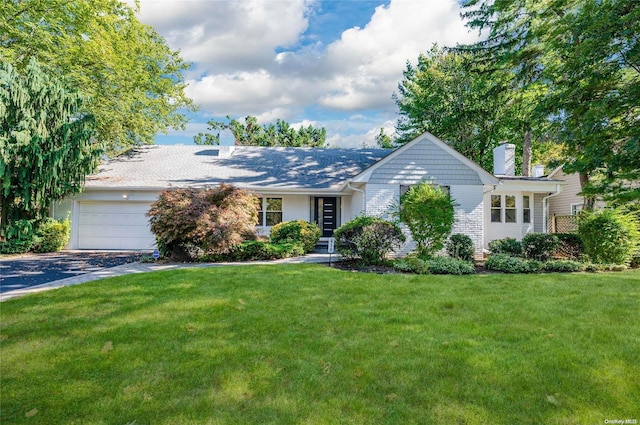 ranch-style home featuring a garage and a front lawn