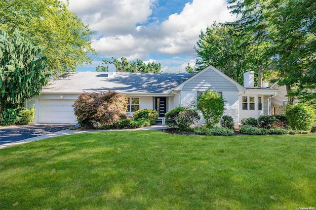 410 Church Ave, Woodmere, NY 11598 - ranch-style home featuring a chimney, an attached garage, brick siding, a front yard, and driveway