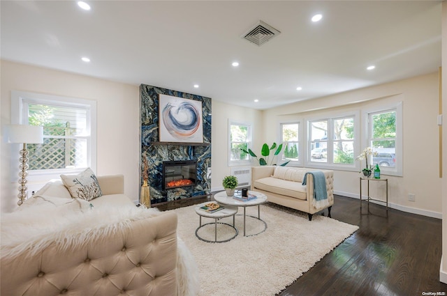 living room with plenty of natural light, dark hardwood / wood-style floors, and radiator heating unit