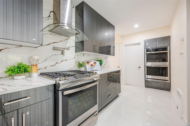 410 Church Ave, Woodmere, NY 11598 - kitchen with appliances with stainless steel finishes, gray cabinetry, ventilation hood, modern cabinets, and recessed lighting
