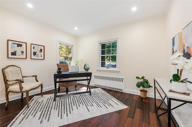 home office featuring crown molding, dark wood-type flooring, and radiator