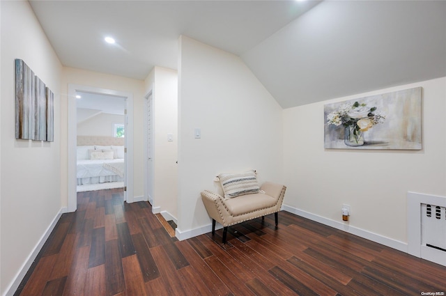 living area featuring dark hardwood / wood-style flooring and lofted ceiling